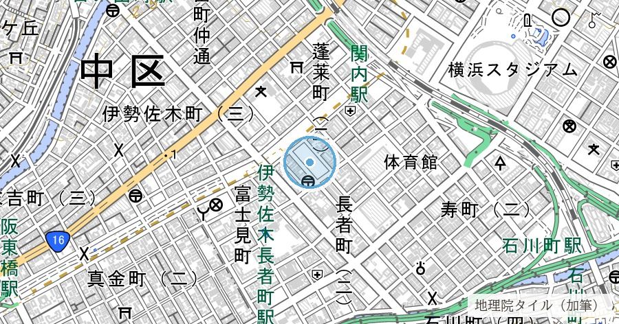 日ノ出川の跡（吉田川と中村川を結んだ運河と、名を継いだ公園）の位置を示す地図
