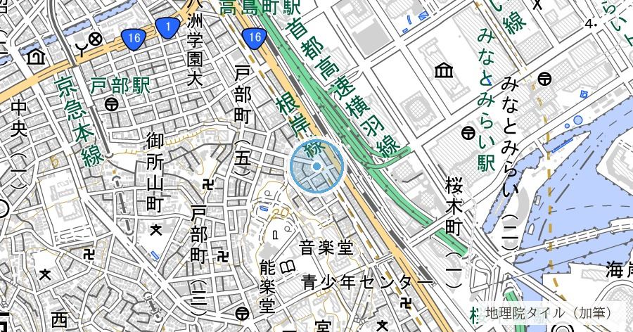 桜川の跡（桜川新道と、川の名を継いだ桜木町・花咲町）の位置を示す地図