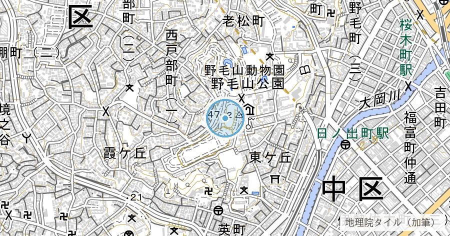 野毛山配水池(日本最初の近代水道が始まった山は、いまも水を配っている)の位置を示す地図