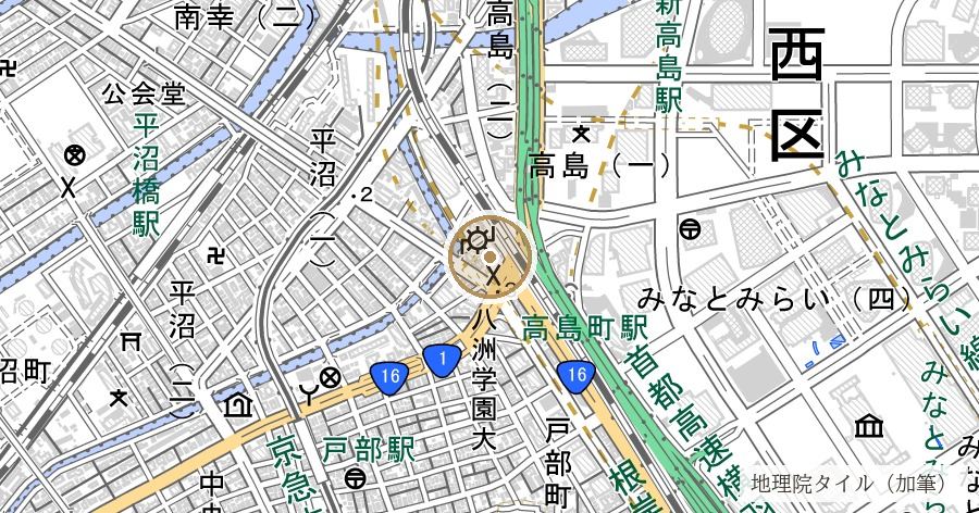 二代目横浜駅基礎等遺構（八年で焼けた駅の土台と、発電所の取水口の跡）の位置を示す地図