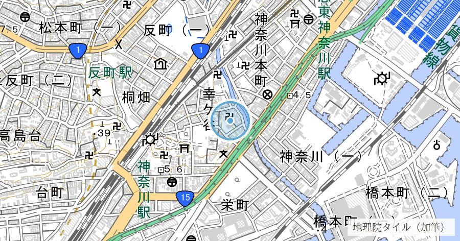 神奈川の大井戸(宿場の名水が、屋根と釣瓶をそなえて寺の脇に残る)の位置を示す地図