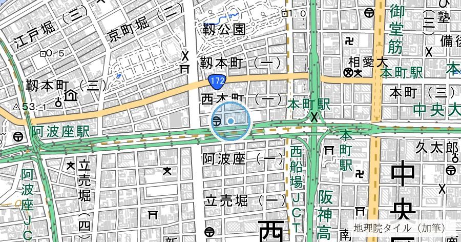 海部堀川跡(靱本町・靱公園西側)の位置を示す地図
