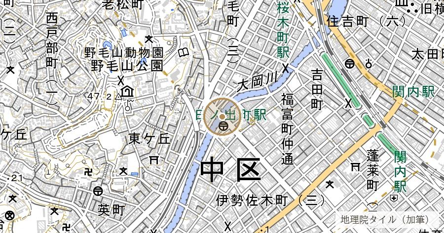 長者橋（戦争で消えた灯具を、市民の写真から復元した橋）の位置を示す地図