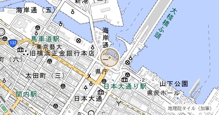 横浜税関遺構 鉄軌道及び転車台(公園の下から出てきた、荷役の線路と四基の転車台)の位置を示す地図