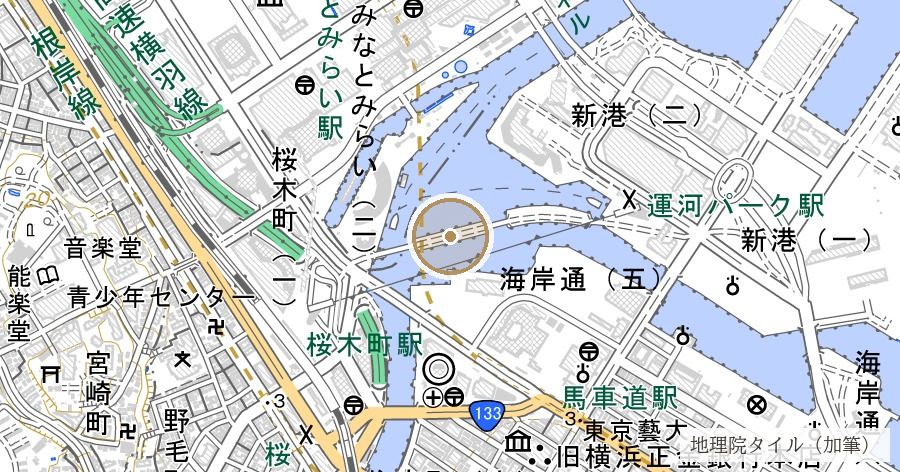 旧臨港線護岸（遊歩道の板をはがしたら、臨港鉄道のレールと枕木が現れた）の位置を示す地図