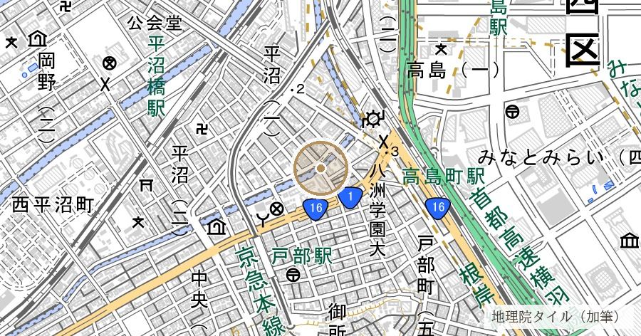 石崎橋(横浜道の三つの橋のひとつは、駅ができる時に場所を移した)の位置を示す地図