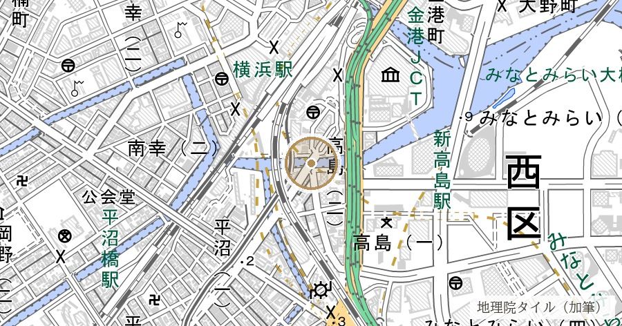 万里橋（日本で最初の鉄道が海を埋めて渡った、その五つの橋のひとつ）の位置を示す地図