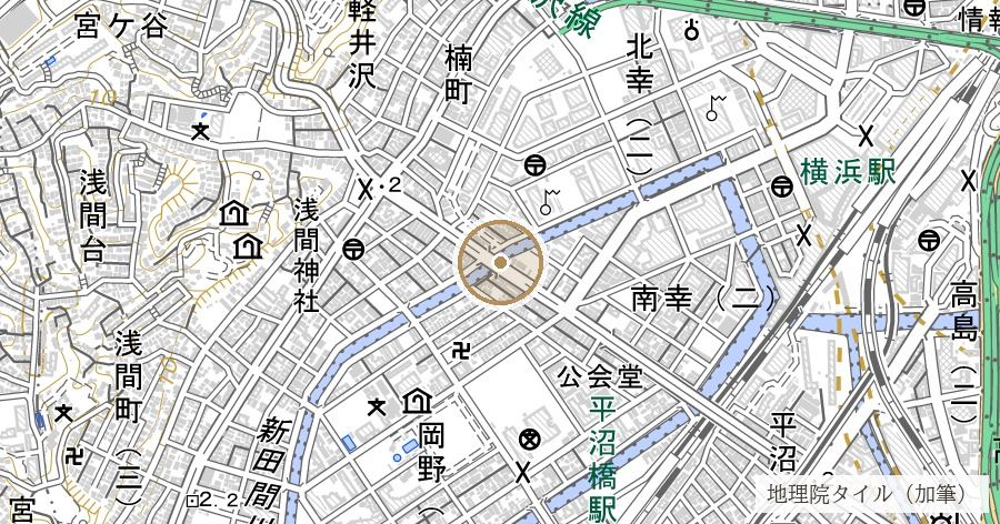 新田間橋（岡野橋になるはずだった、新田と新田のあいだの橋）の位置を示す地図