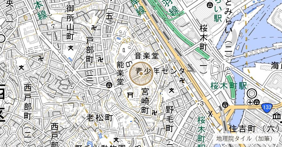 神奈川奉行所跡(開港の年に置かれた役所の跡に、石碑が立つ)の位置を示す地図