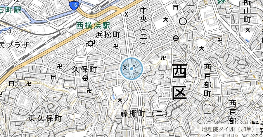 尻こすり坂（荷車を尻で押さえて下った坂の下を、いまも水道が通っている）の位置を示す地図