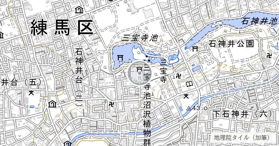 石神井城跡と三宝寺池（文明9年、太田道灌に攻め落とされた豊島氏の城）の位置を示す地図