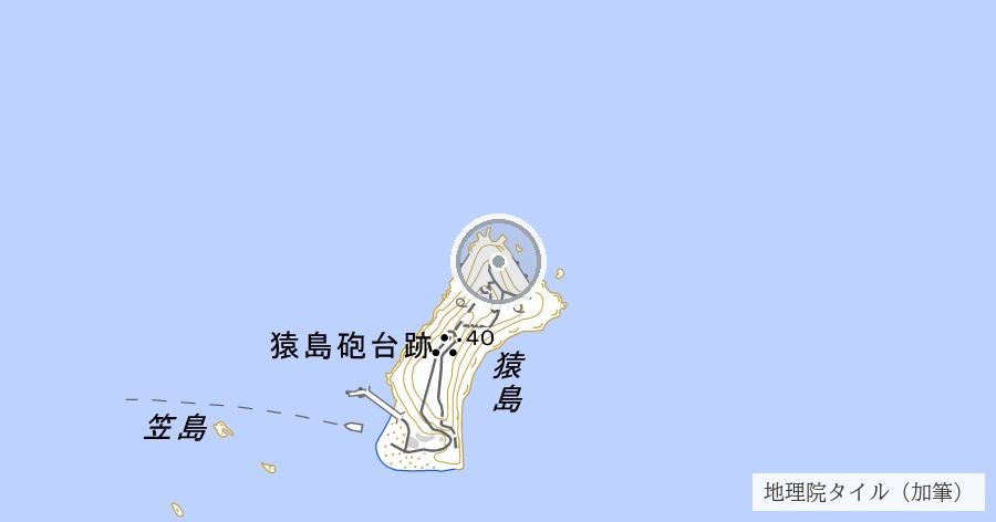 猿島砲台跡（明治14年に起工した、東京湾要塞の島の砲台）の位置を示す地図