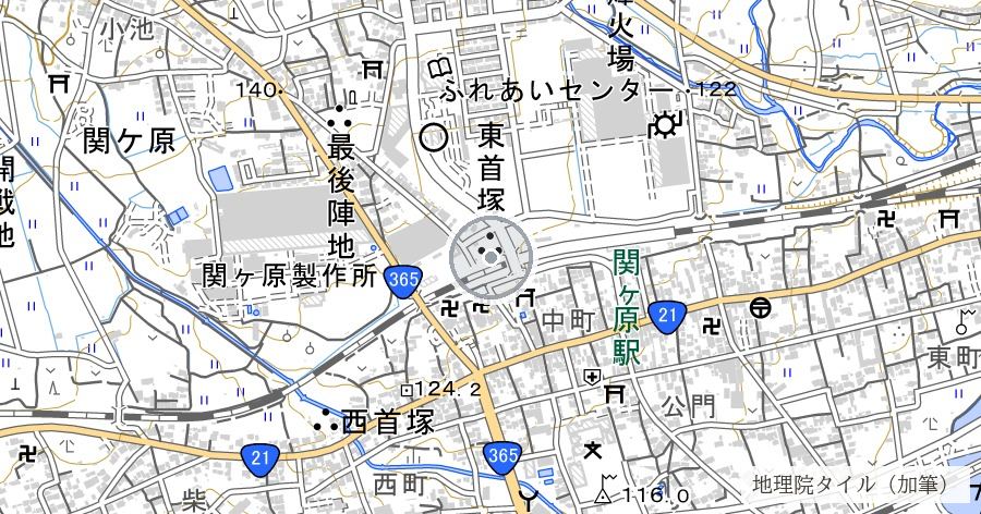 関ヶ原古戦場と東西の首塚（1600年の決戦地と、首を葬った二つの塚）の位置を示す地図