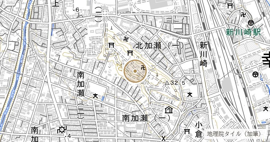 加瀬山の古墳群と「夢見ヶ崎」の地名(太田道灌が城をあきらめたと伝わる台地)の位置を示す地図