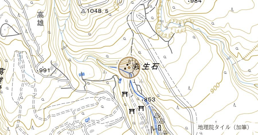 殺生石(蜂や蝶が重なり死すと芭蕉が記した硫黄の裸地と、九尾の狐の伝承)の位置を示す地図