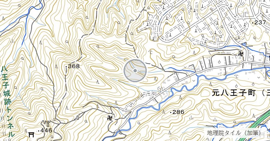 八王子城跡（天正18年、一日で落ちた北条氏照の山城）の位置を示す地図
