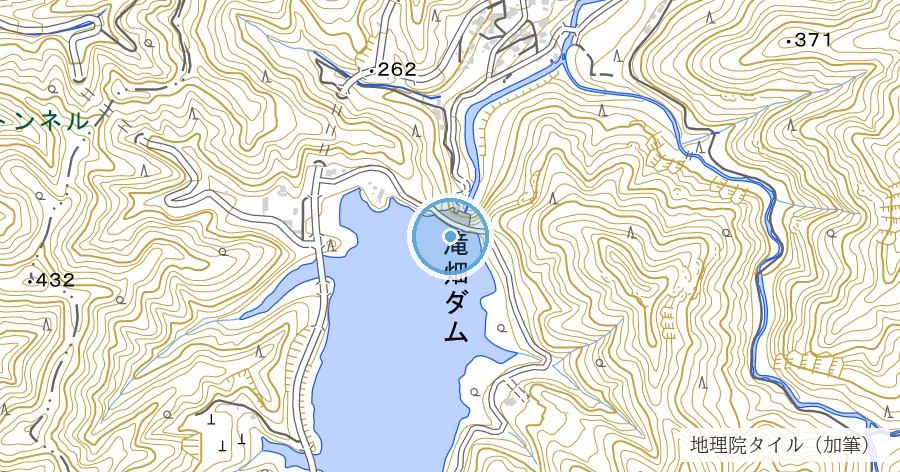 湖の底の滝畑（滝畑ダムの建設で水没した河内長野の山里）の位置を示す地図