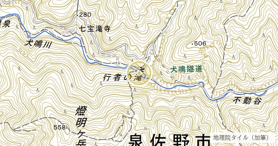 犬鳴山七宝瀧寺（葛城修験の行場と、犬が吠えて変わった山の名）の位置を示す地図