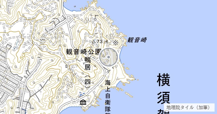 観音崎の砲台跡（明治13年に着工した、東京湾要塞のはじまりの砲台群）の位置を示す地図