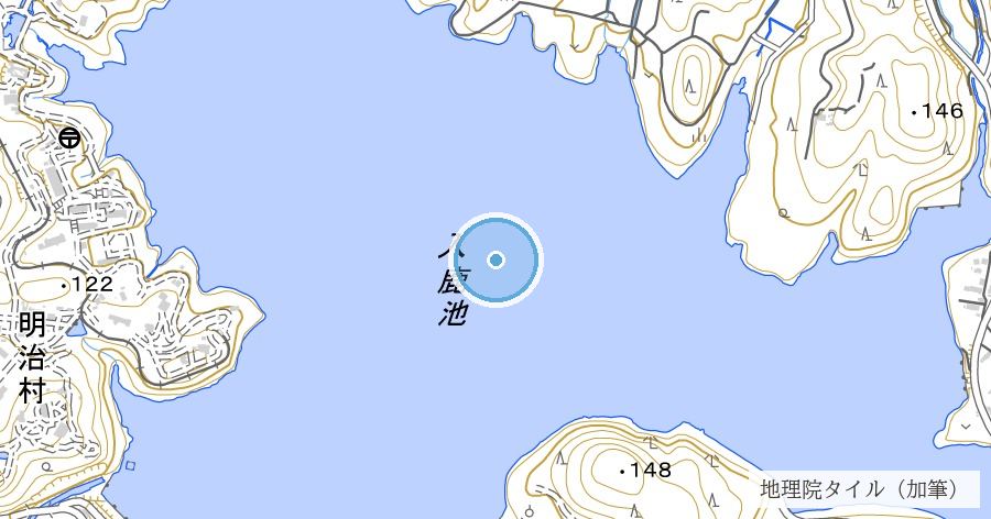 入鹿池（寛永10年に村を沈めて築かれた溜池と、明治元年の決壊「入鹿切れ」）の位置を示す地図