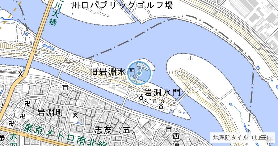 旧岩淵水門（荒川放水路と隅田川を分けた大正の赤い水門）の位置を示す地図