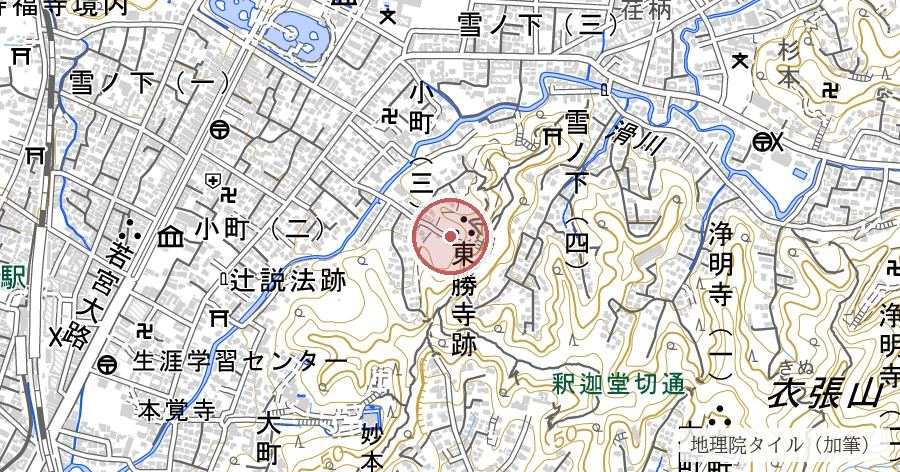 東勝寺跡（1333年・北条一門の最期の地）の位置を示す地図