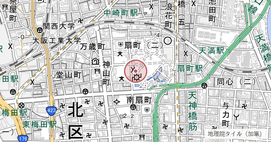 堀川監獄跡（扇町公園）の位置を示す地図