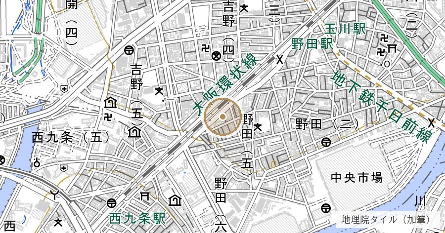 「野田」地名の由来（旧湿地帯・野田藤の名所）の位置を示す地図