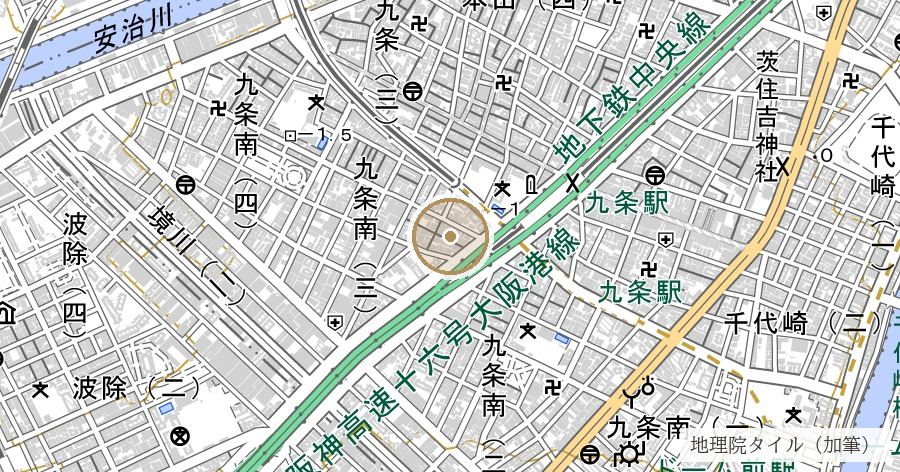 「九条」地名の由来（衢壌島説・条里制説など）の位置を示す地図