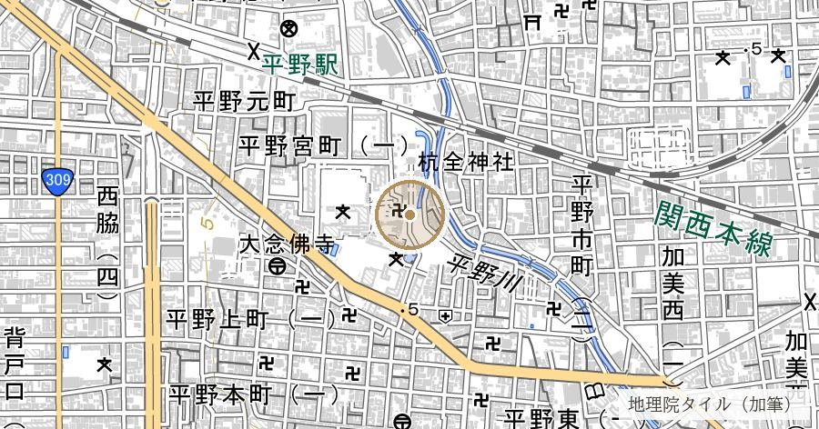 杭全神社と「杭全」地名（平野郷とのつながり）の位置を示す地図