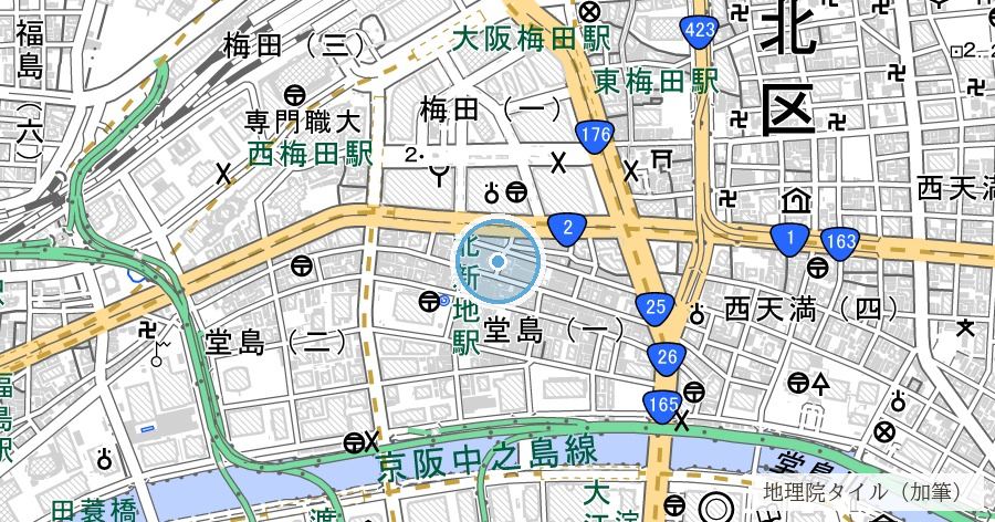 曽根崎川(蜆川)跡の位置を示す地図