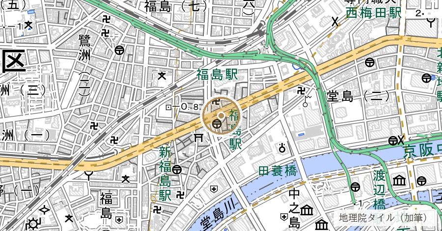 「福島」地名の由来（旧淀川河口の低湿地）の位置を示す地図