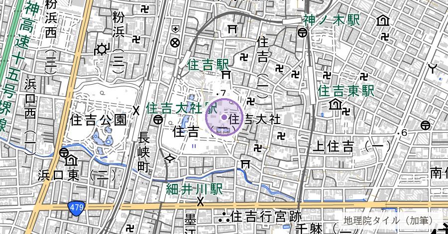 住吉大社（海に向かって西を向く本宮）の位置を示す地図