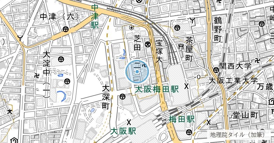 中津川跡（新淀川に呑まれた旧河道・北区中津）の位置を示す地図