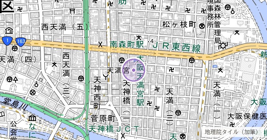 大阪天満宮 大将軍社(難波宮の西北を守ると伝わる社)の位置を示す地図