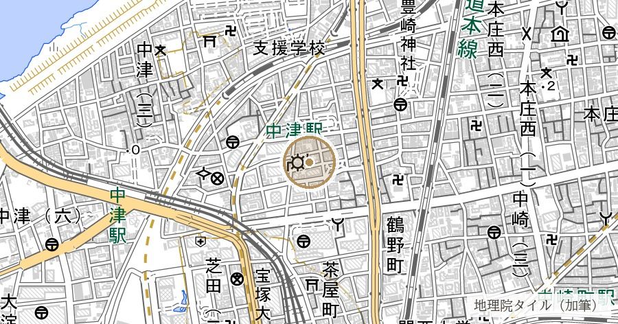 「豊崎」地名と難波長柄豊碕宮伝承（豊崎神社）の位置を示す地図