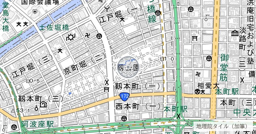 靱公園(旧靱飛行場・靱塩干魚市場跡)の位置を示す地図