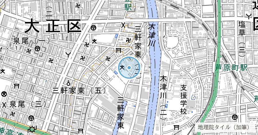 三軒家川上流部跡（百済橋跡碑）の位置を示す地図