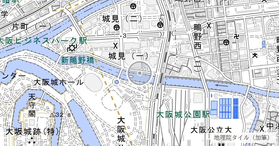 大阪砲兵工廠跡(大阪城公園東部〜OBP)の位置を示す地図