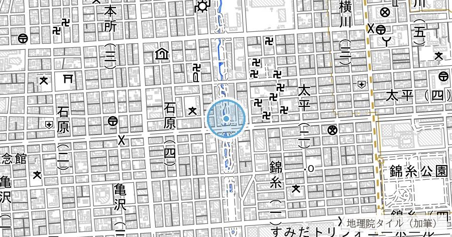 大横川の埋立区間(大横川親水公園)の位置を示す地図