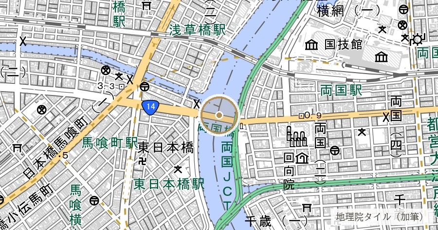 「両国」の地名由来（両国橋）の位置を示す地図