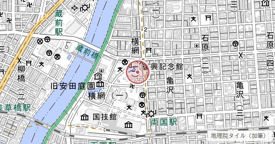 旧陸軍被服廠跡（横網町公園・東京都慰霊堂）の位置を示す地図