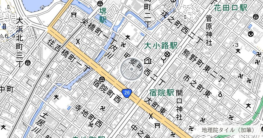 第6回大阪大空襲の被災域（堺市街中心・堺大空襲）の位置を示す地図