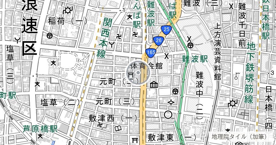 第1回大阪大空襲の中心焼失域（ミナミ〜市街西部）の位置を示す地図