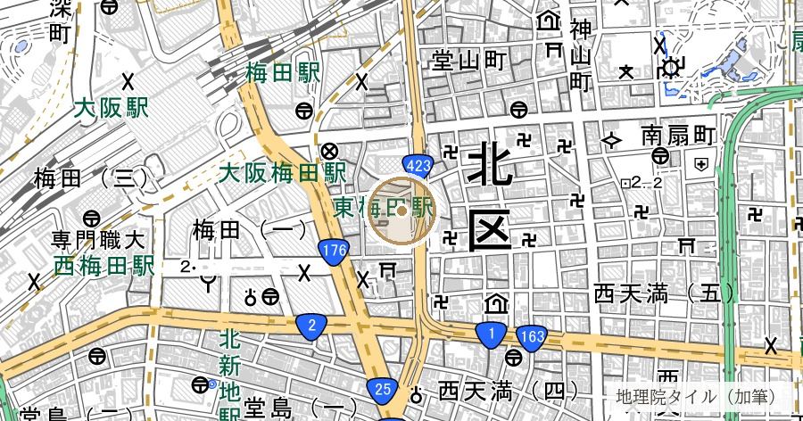 「曽根崎」地名の由来（曾根崎洲・そね説）の位置を示す地図