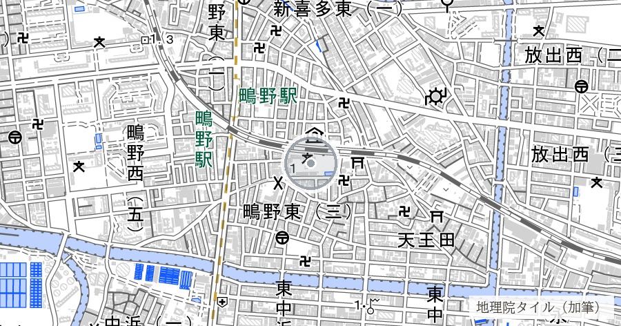 鴫野古戦場跡（大坂冬の陣・鴫野の戦い）の位置を示す地図
